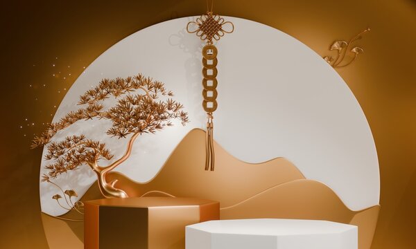 Golden Podium display minimal geometric abstract and decoration chinese style.3D rendering