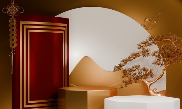 chinese display stand white for cosmetic product on background and decoration chinese style. 3d rendering