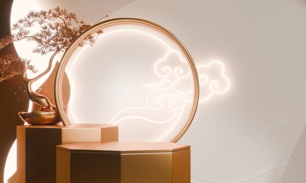 Golden Podium display minimal geometric abstract and decoration chinese style.3D rendering