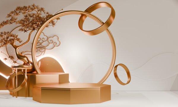 Golden Podium display minimal geometric abstract and decoration chinese style.3D rendering