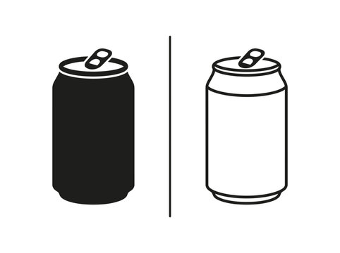 Aluminum beverage can outline and black fill icon set with beverage aluminum container isolated