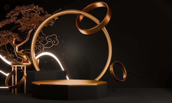 Dark black concept style ,Podium display minimal geometric abstract and decoration chinese style.3D rendering