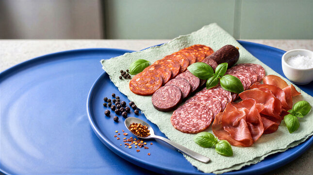 Sliced salami, prosciutto and fresh basil leaves arranged on blue ceramic plate with spices. Charcuterie board platter with cold cuts, peppercorns, chili flakes and salt on tabletop setup