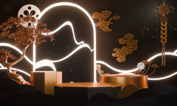 Dark black concept style ,Podium display minimal geometric abstract and decoration chinese style.3D rendering