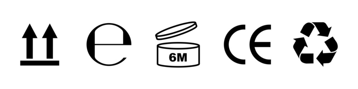 Set of essential packaging symbols including European rules, recycling, estimated weight and expiry date, side up