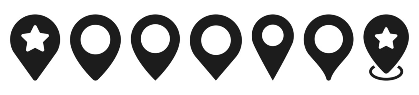 Location pin marker icon, black map marker for GPS navigation apps geotag pointer. Destination point sign. Place and local position. Navigation and mapping symbol