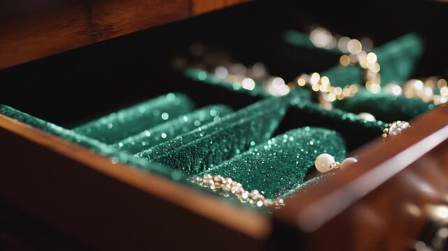 Hand Opening Antique Wooden Drawer Revealing Elegant Pearl Jewelry Collection.