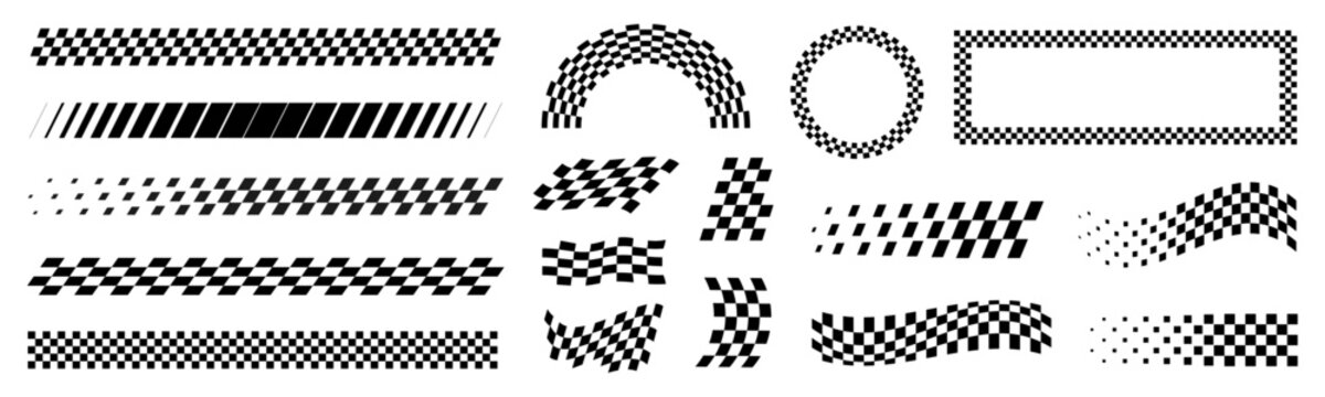 Racing cars and race car stripes set, angled checkered patterns, checkered flag, racing stripe speed, sport decals, start and finish line, motocross labels, dynamic lines, tuning stickers