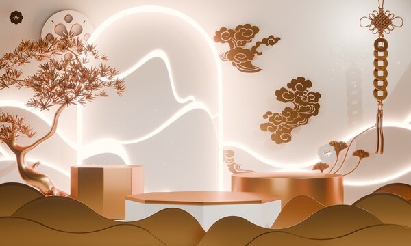 Golden Podium display minimal geometric abstract and decoration chinese style.3D rendering