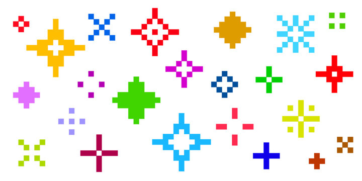 Pixel colored sparkling stars icon set