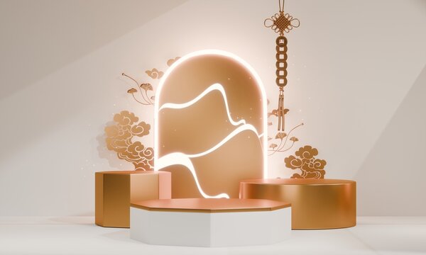 chinese display stand white for cosmetic product on background and decoration chinese style. 3d rendering
