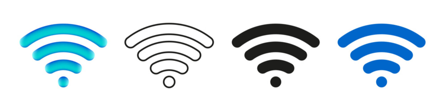 Wifi icons symbol set. Wireless signal in 3D, flat, solid and outline styles