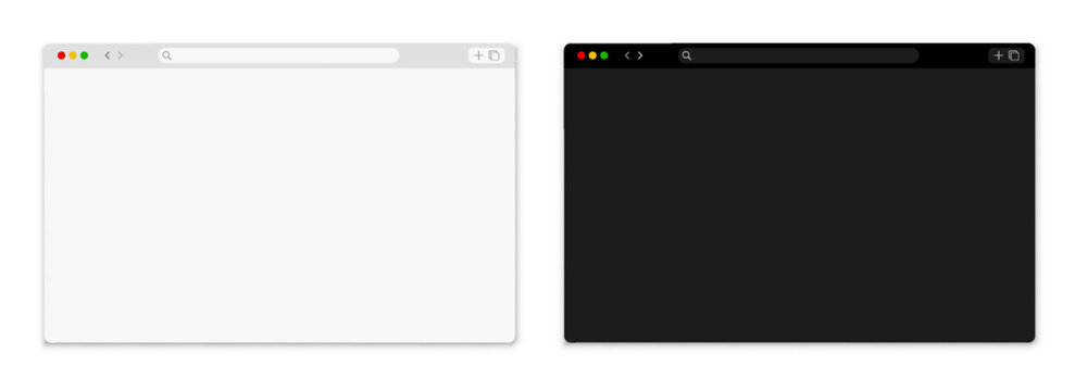 Browser web window mockup in light and dark, simple blank web page frame, empty web browser page, search template window