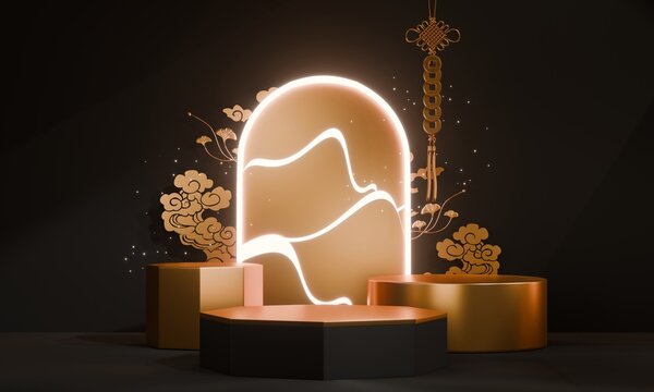 Dark black concept style ,Podium display minimal geometric abstract and decoration chinese style.3D rendering