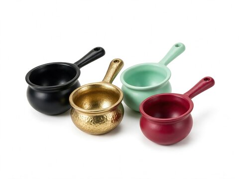 Coloured cauldron pots with one handle, without lid isolated on white background.
