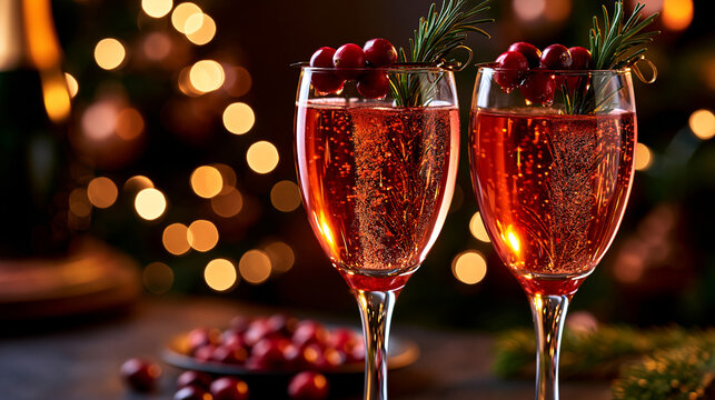 Gros plan de deux fl&ucirc;tes en cristal de champagne ou cr&eacute;mant p&eacute;tillant aux canneberges et romarin, sur fond flou de guirlandes de No&euml;l chaleureuses