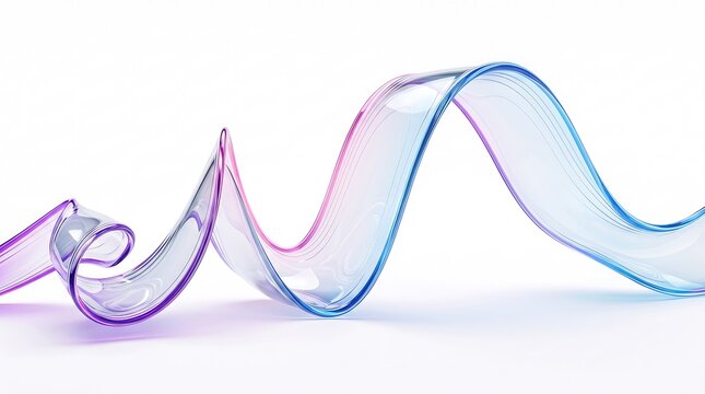 Twisted translucent glass ribbon with pink and blue gradients flowing over white surface.