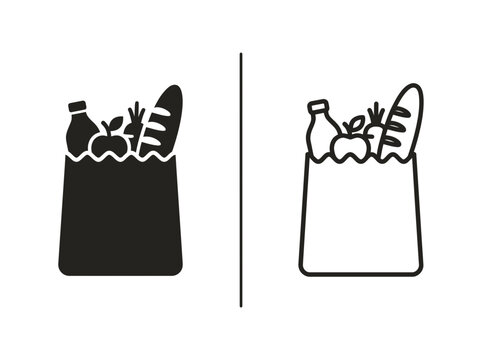 Grocery shopping bag food outline and black fill icon set with shopping vegetable purchase