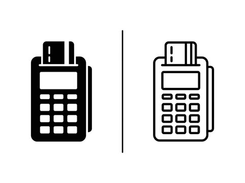 Payment terminal and credit card outline and black fill icon set with terminal