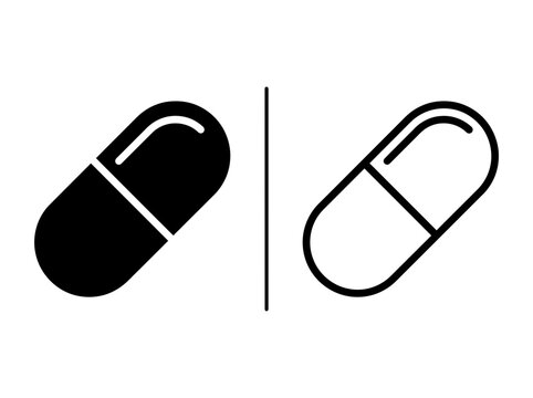 Medicine pill capsule outline and black fill icon set with medicine pharmacy supplement treatment