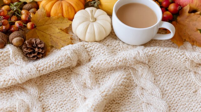 Cozy autumn still life with creamy knitted blanket, warm drink, pumpkins, acorns and seasonal foliage