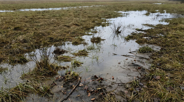 A muddy grassland area with receding floodwater and patches of wet vegetation.