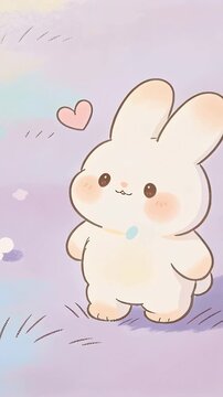Vertical video: Breeze causing rabbit tilting, hopping on soft meadow with pink heart, copy space