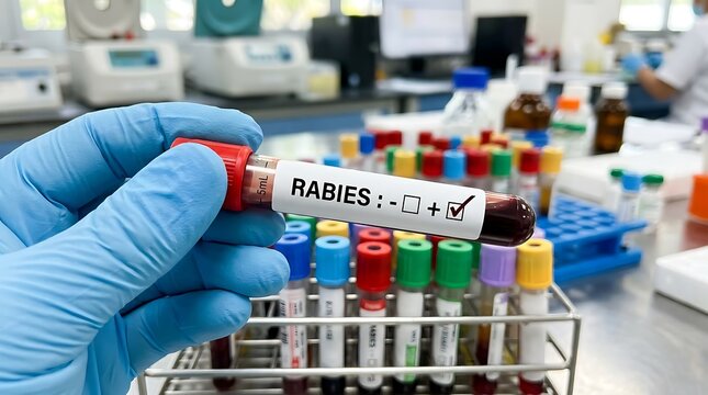 Positive rabies test sample held by gloved hand in a medical lab