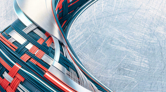Woven metallic twisted cable bands and brushed aluminum surface macro geometry abstract background. Modern industrial pattern of red teal braided wires and steel ribbon elements with copy space