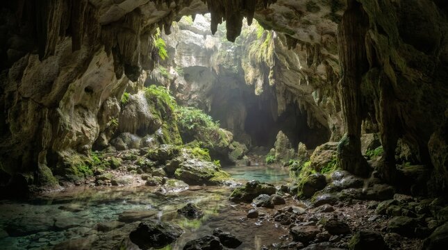 Sunlit Natural Cave with Clear Turquoise Water, Lush Moss, and Stalactites