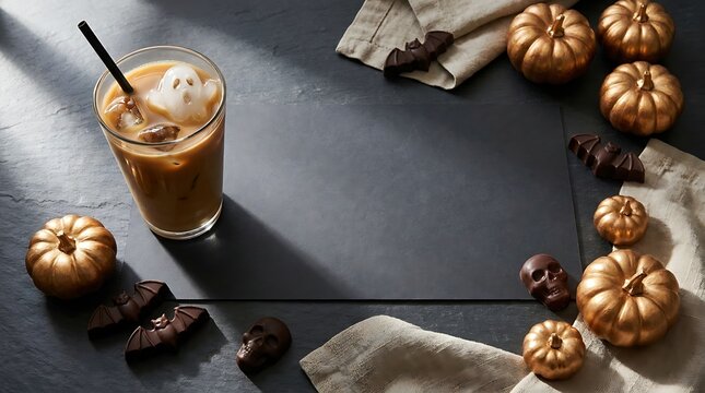 Cozy autumn arrangement of pumpkin shaped pastries and iced coffee on slate