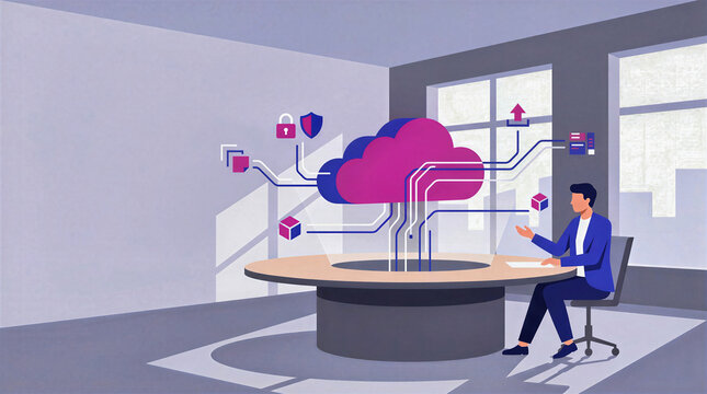 Businessman managing cloud computing network and cyber security in modern conference room illustration. Corporate professional analyzing data storage, server connections and IT infrastructure