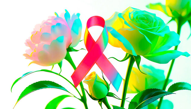 Colorful awareness ribbon surrounded by vibrant pastel roses and green leaves isolated on a bright white