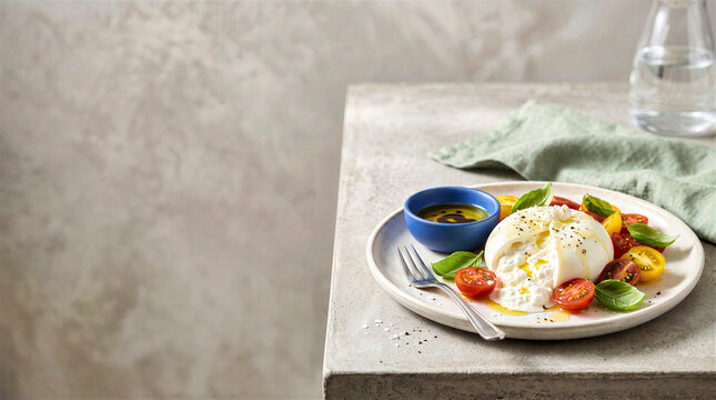 Fresh burrata cheese plate with sliced red and yellow cherry tomatoes, green basil and olive oil in a small blue bowl. Italian appetizer served on stone table with copy space on grey background