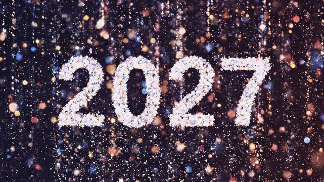 Sparkling 2027 numbers emerge from festive glitter curtains with bokeh background for celebration openers