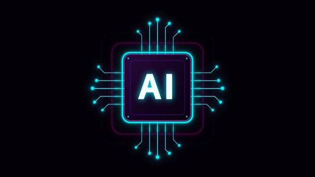 Glowing artificial intelligence chip processor on dark backdrop futuristic 4k high definition digital hardware electronic motion graphic design tech