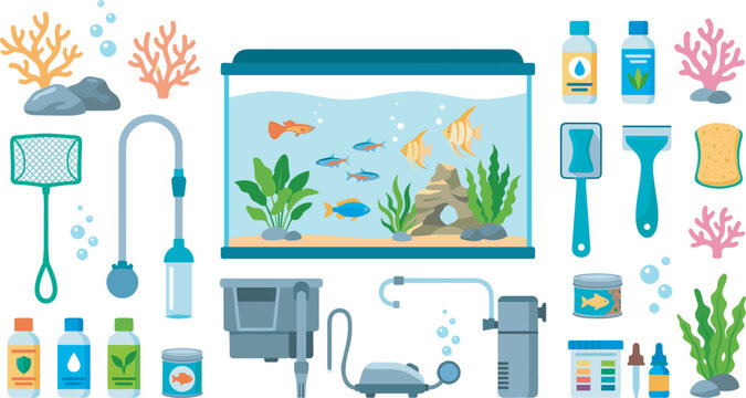 Aquarium equipment and fish tank care elements vector illustration set isolated on white background under water pet care filter pump net plants coral icons