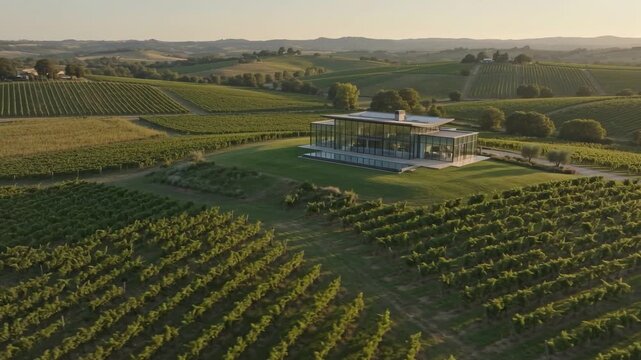Golden light bathes vineyard rows