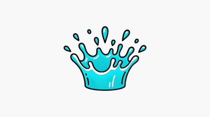 Fototapeta premium Stylized blue water splash icon in a comic book pop art style with halftone dot texture, crown shape liquid ripple, and floating droplets isolated on a plain white background.