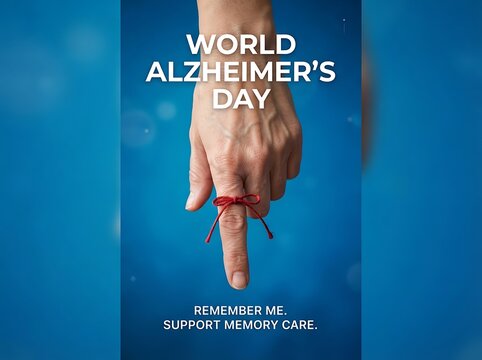 World alzheimers day concept with a hand and a red string tied around a finger as a reminder on a blue background