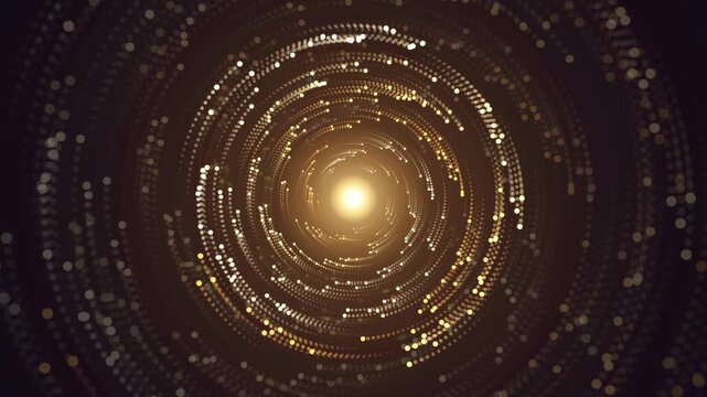 Abstract Golden Particle Vortex Spiraling Around a Glowing Central Light on Dark Background