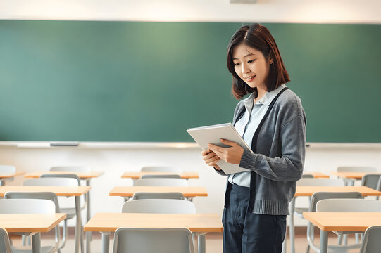 Japanese female teacher reviewing lesson plan in empty classroom with copy space