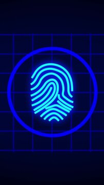 Glow animation vectors trace a blue neon fingerprint layout over dark data grids Biometric access authorization modules gain deep visual authentication value here