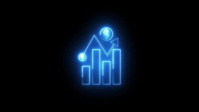 Glowing neon blue color business graph sign icon animation dollar money finance chart arrow report profit diagram investment success sign symbol on black background