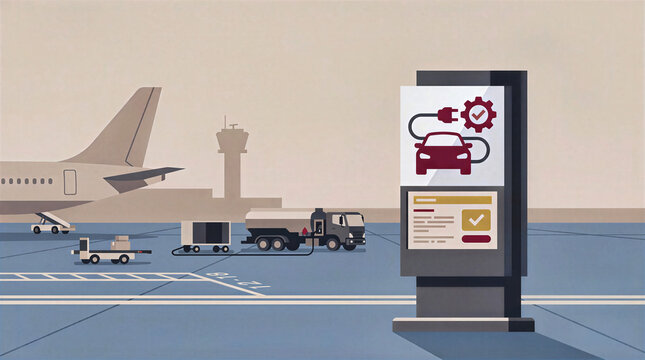 Flat graphic illustration of airport apron with airplane, fuel truck and outdoor diagnostic kiosk terminal. Smart aviation ground service and electric vehicle maintenance digital display board
