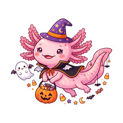 Naklejka premium Cute Axolotl Halloween Clipart with Witch Hat and Pumpkin Bucket