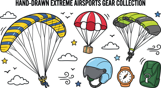 Hand Drawn Extreme Air Sports Gear Vector Collection Featuring Paragliding Gliders, Parachutes, Safety Helmet, Altimeter Watch, and Backpack Graphics for Adventure Designs