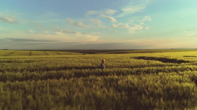 Adult male farmer wearing wide-brim hat and checked shirt walking slowly through tall wheat, torso angled forward and stalks parted along shallow track indicating measured pace or crop inspection