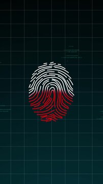 Scan biometric animation sheets scatter red and white fingerprint nodes over binary matrix code Cyber security threat tracking screens gain deep visual complexity