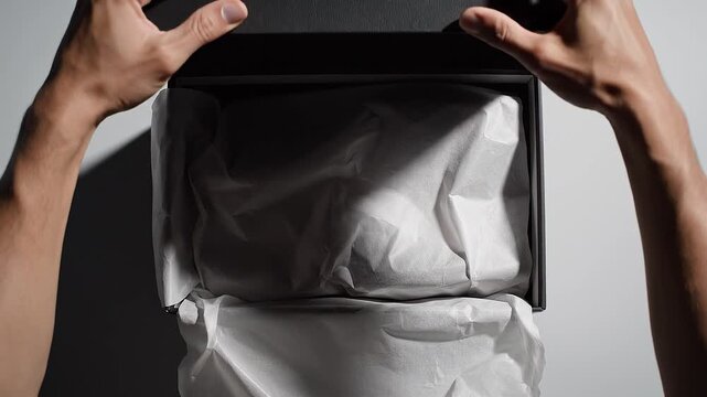 Hands Opening Black Box Revealing White Tissue Paper Unboxing Experience.
